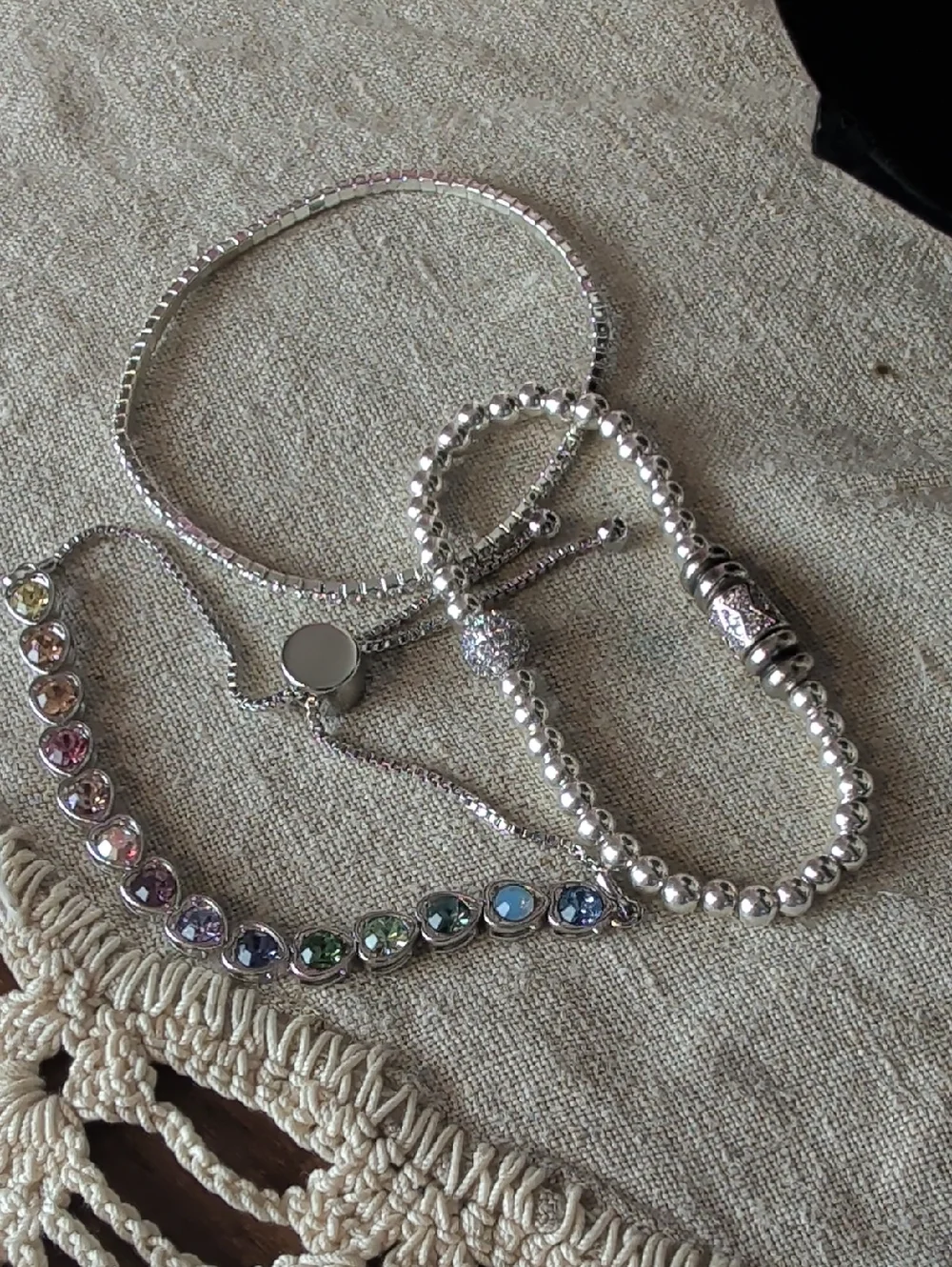 Y2K Pastel Rainbow Heart Bracelet Set Layered Silver Glam Stack